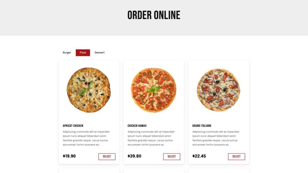 Orderable shop page showing all products for online food ordering